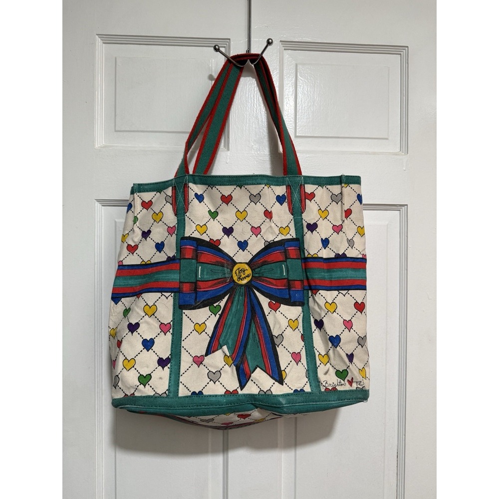 Brighton Multicolored Canvas Tote Bag Large Hearts Love Green Red